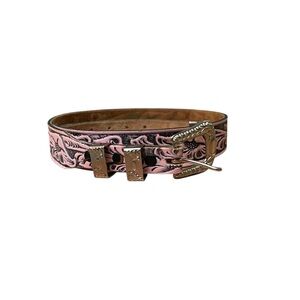 Pink‎ and Brown Tooled Leather Belt Silver Tone Hardware